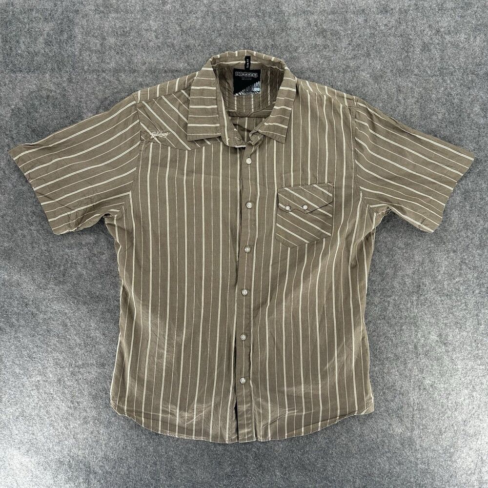 Billabong Shirt L Mens White Brown Striped Vintage Y2K Button Up Short Sleeve